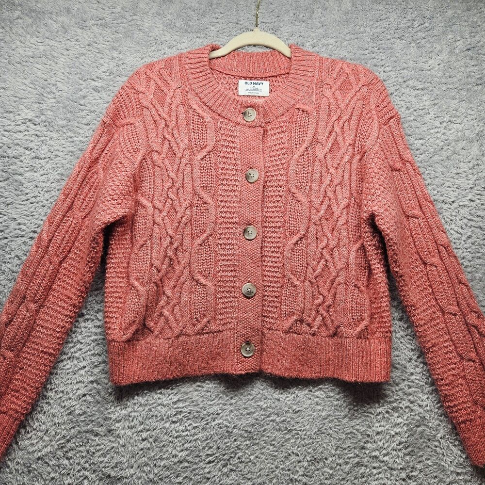 Old Navy Womens Coral Cable Knit Cardigan Sweater Size Medium Preppy Classic